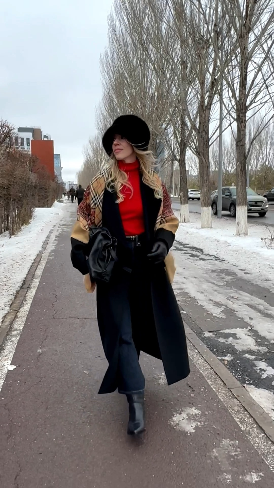 Holiday style, winter outfit, fur bucket hat, bright red sweater, vintage Burberry scarf, cropped wide leg jeans, black leather gloves, Loewe clutch handbag 

#LTKItBag #LTKHoliday #LTKFindsUnder100