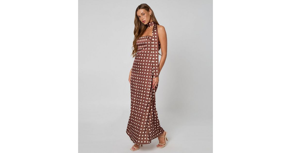 Urban Bliss Brown Polka Dot Tie Neck Maxi Dress | New Look | New Look (UK)