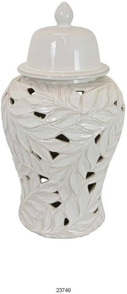 Benjara Heni 19 Inch Ceramic Temple Jar with Lid, Cut Out Leaf Motifs, White Finish | Amazon (US)