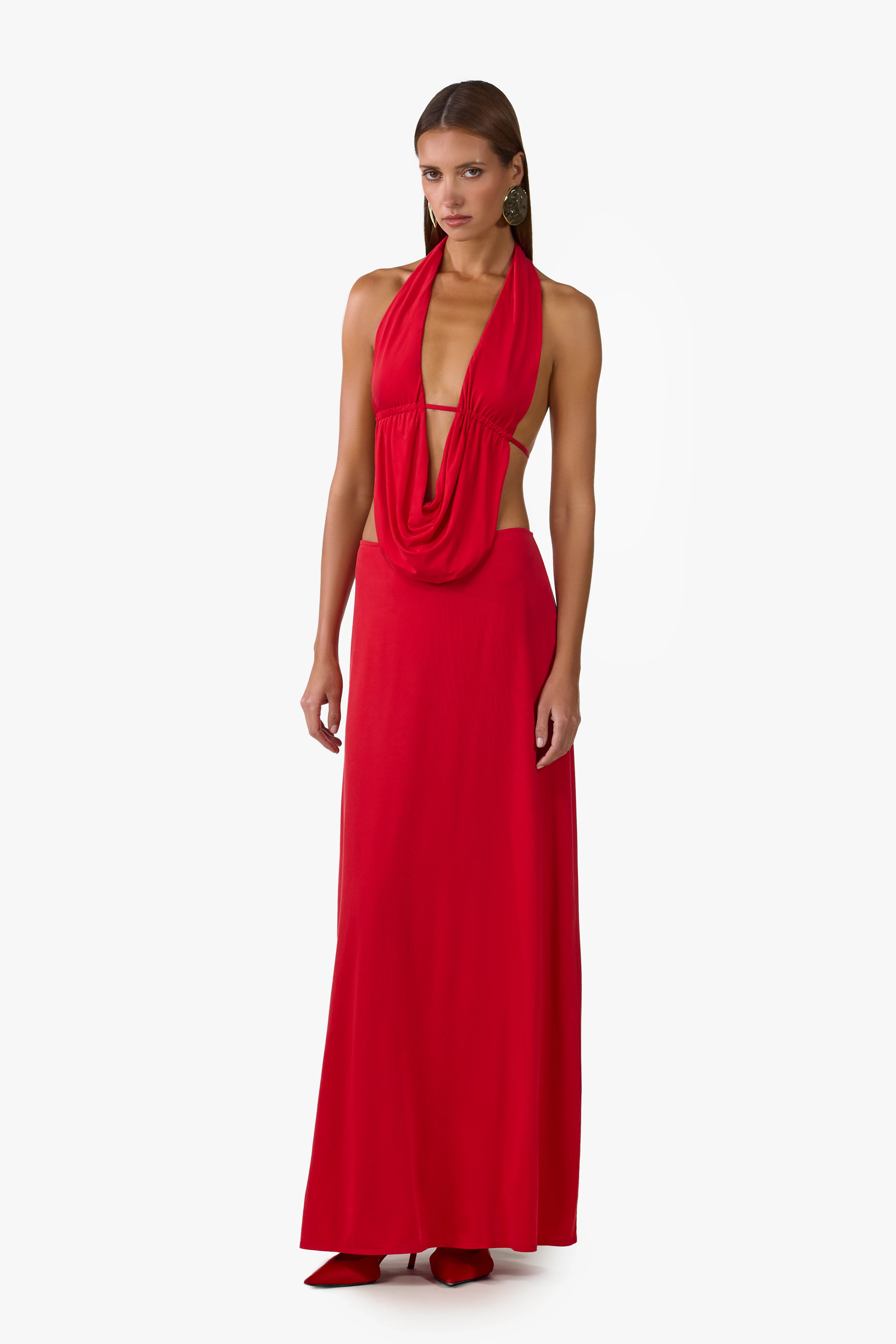 Plunge Neck Maxi Dress (Red) - XS / Red | SAME