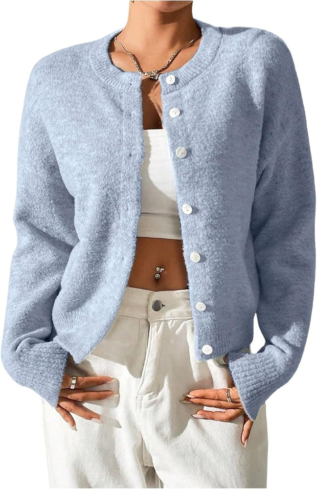 SweatyRocks Women's Fall Button Down Lightweight Cardigan Ribbed Knit Long Sleeve Crew Neck Sweat... | Amazon (US)