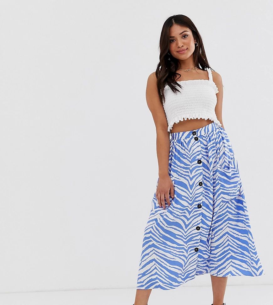 ASOS DESIGN Petite button front midi skirt with pockets in zebra print-Multi | ASOS (Global)