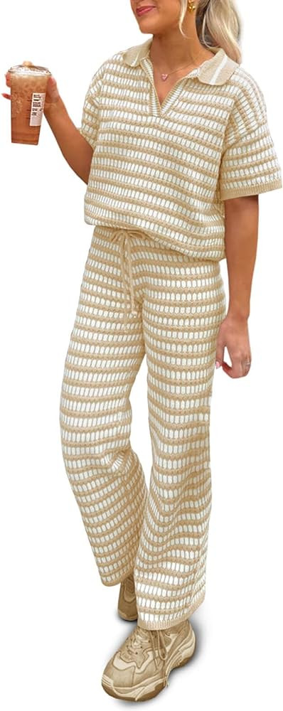 Imily Bela Womens 2 Piece Outfits Striped Short Sleeve Sweater Tops Knit Sets Wide Leg Pants Loun... | Amazon (US)