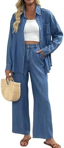 heipeiwa Women's 2 Piece Sets Denim Outfits Lightweight Long Sleeve Button Down Shirts Wide Jean ... | Amazon (US)