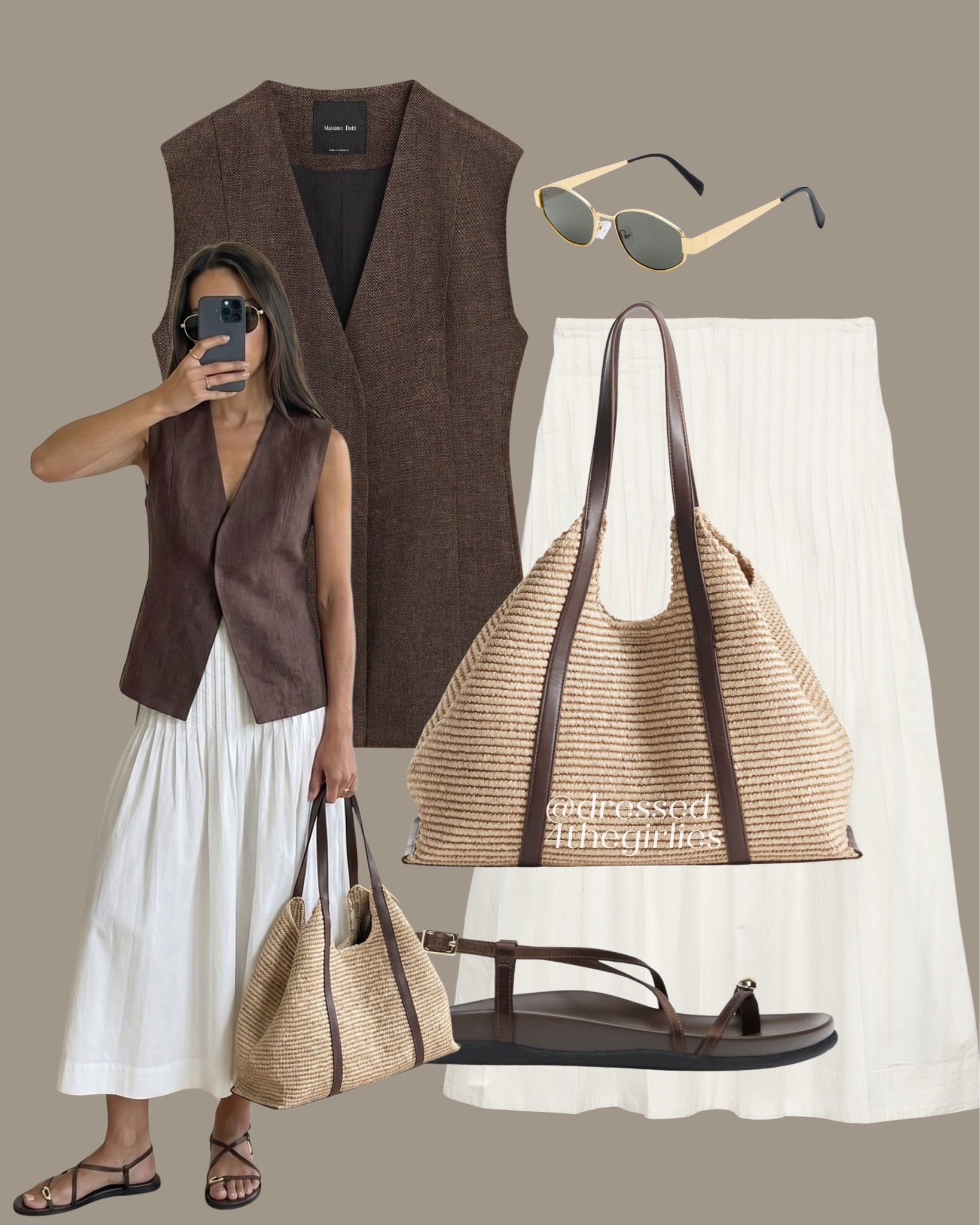 Heatwave ready🤎

Tags: brown waistcoat outfit, white flared a line skirt outfit, brown beach bag outfit, summer workwear outfit, brown strappy sandals outfit, summer holiday vacation outfit#LTKspring

#LTKuk #LTKsummer
