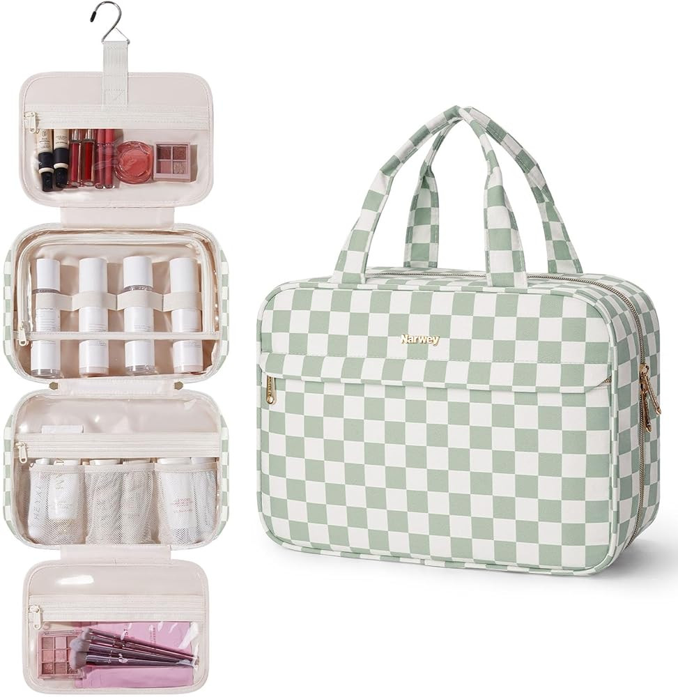 Narwey Hanging Travel Toiletry Bag for Women Checkered Makeup Bag Organizer Cosmetic Make up Toil... | Amazon (US)