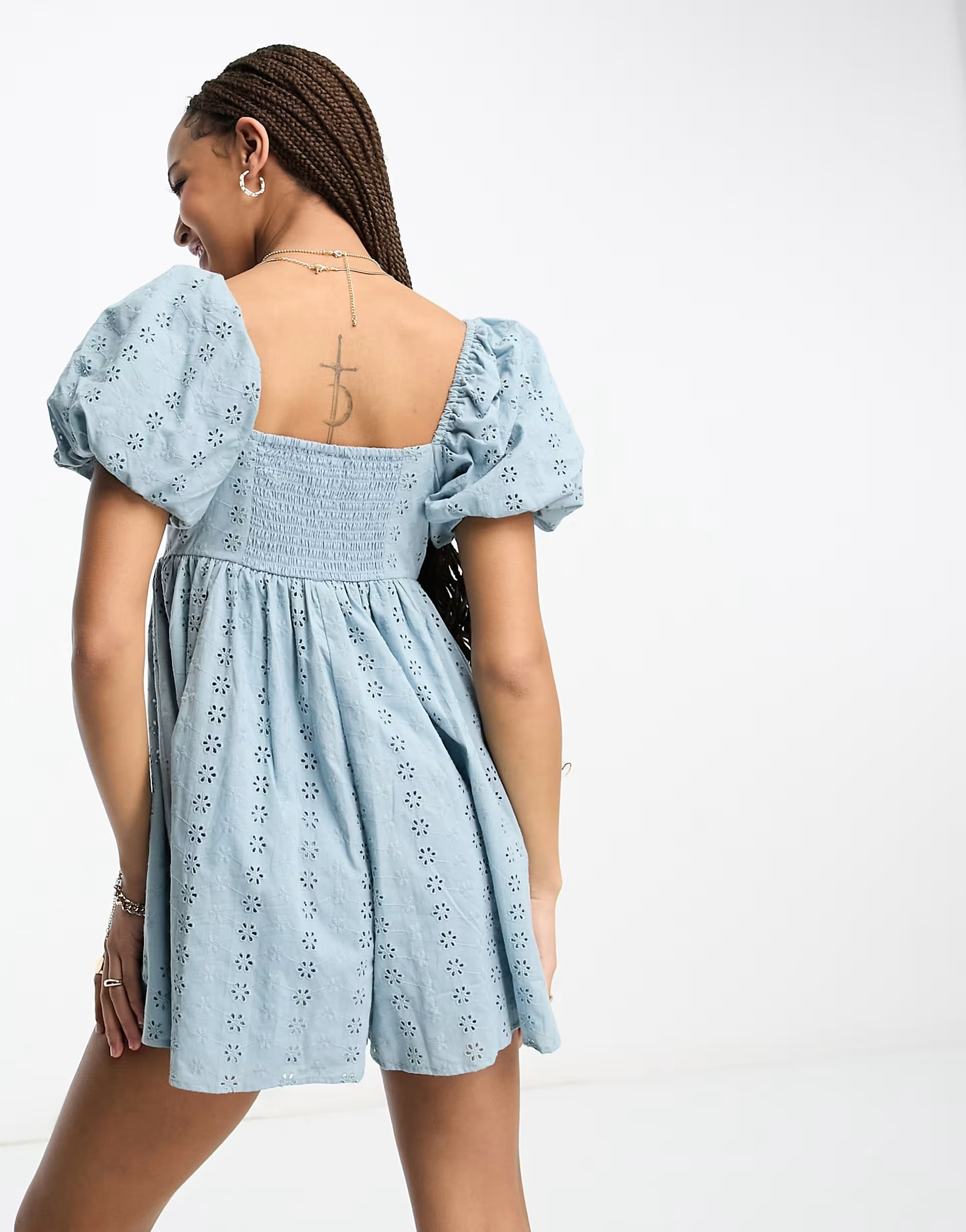 ASOS DESIGN eyelet puff sleeve smock romper in blue | ASOS (Global)