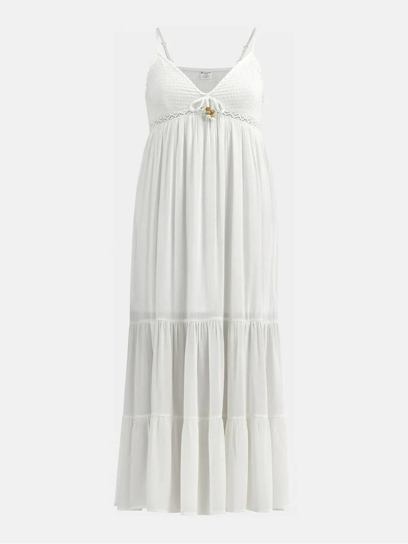 No Boundaries Tiered Maxi Dress with Crochet Lace Trim, Women's | Walmart (US)