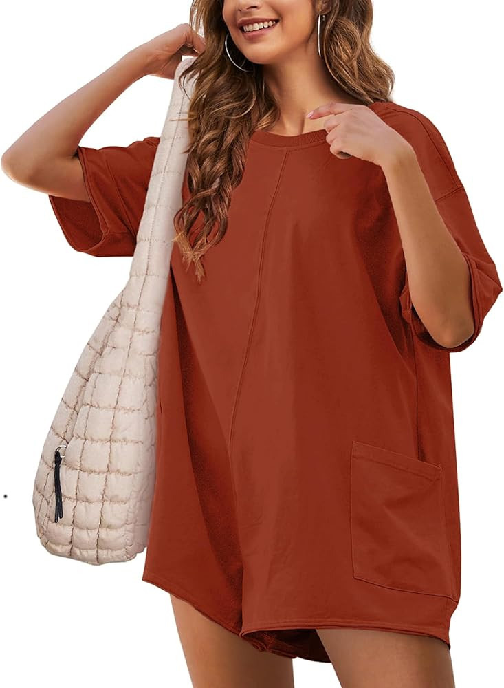 Womens Summer Oversized Rompers Casual Short Sleeve T-Shirt Overall Athletic Workout Jumpsuit wit... | Amazon (US)