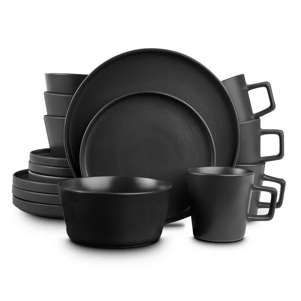 Stone Lain Celina 16-Piece Stoneware Round Dinnerware Set, Service for 4, Black Matte - Walmart.c... | Walmart (US)