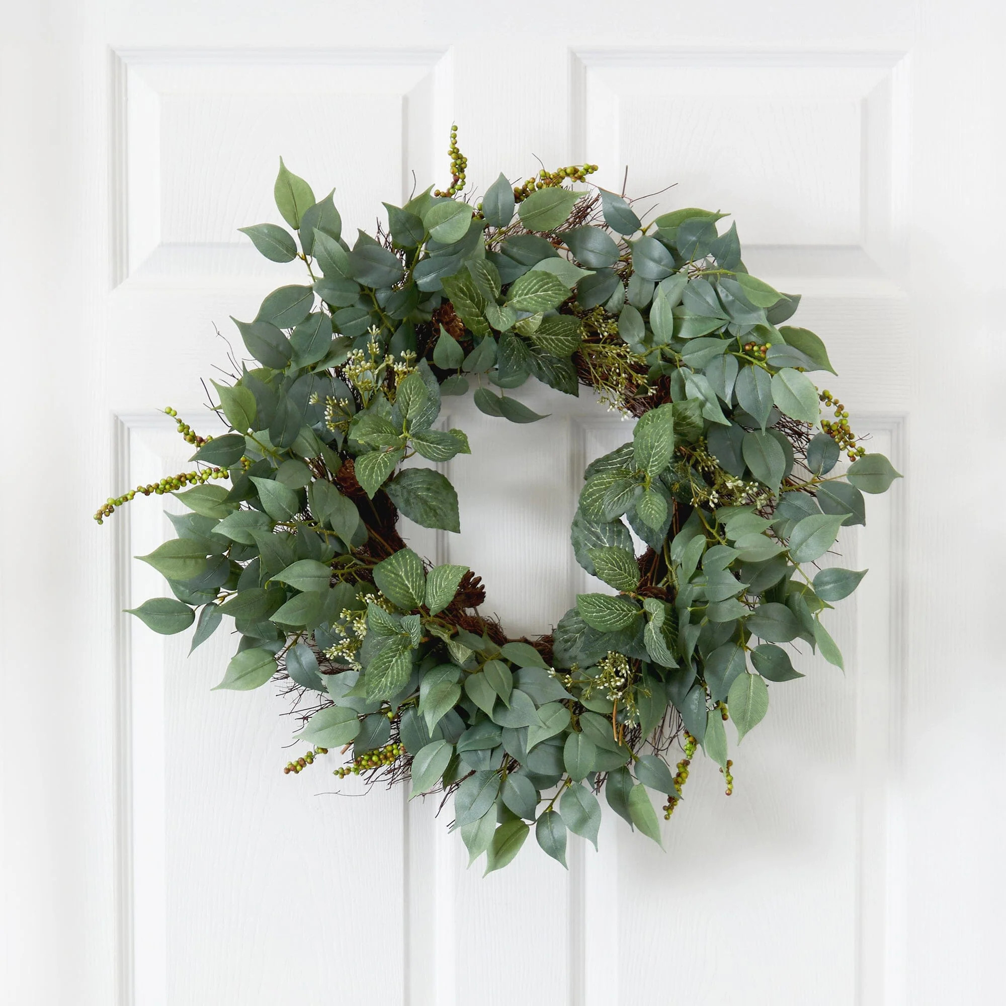 23” Mix Royal Ruscus, Fittonia and Berries Artificial Wreath | Nearly Natural | Nearly Natural