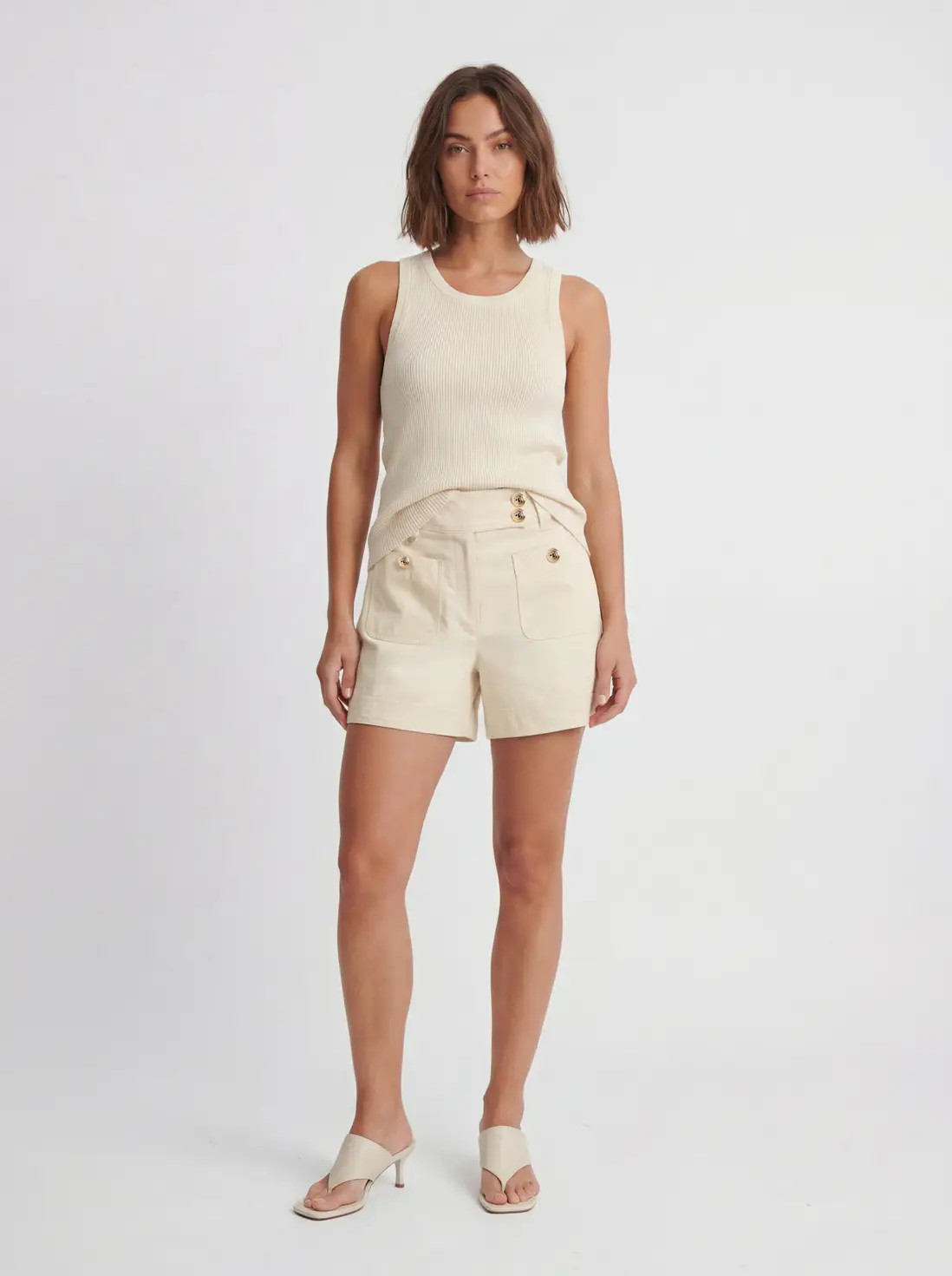 Ivory Cotton Utility Button Detail Short | Karen Millen | Karen Millen UK