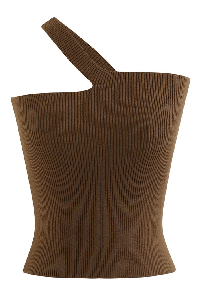 Oblique Shoulder Crop Knit Tank Top in Brown | Chicwish