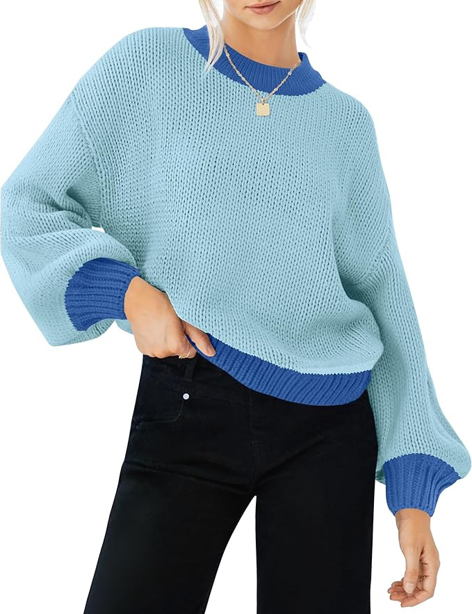 ZESICA Women's Casual Long Sleeve Crew Neck Pullover 2023 Fall Ribbed Knit Loose Contrast Color S... | Amazon (US)