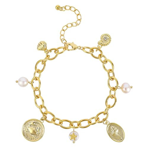 NEKOL Gold Ocean Charm Link Bracelet for Women 14K Gold Plated Chain Bracelet with Dangle Pearl Seashell Conch Crab Pendant Bracelet Adjustable Party Trendy Summer Beach Jewelry Gift for Women | Amazon (US)
