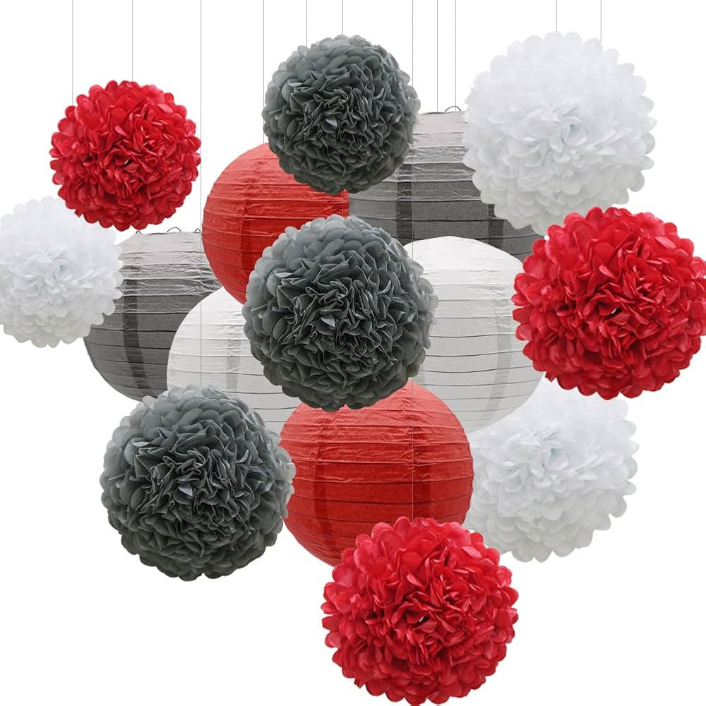 KAXIXI Hanging Party Decorations Set, 15pcs Red Gray White Paper Flowers Pom Poms Balls and Paper... | Amazon (US)