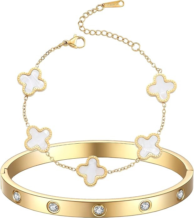 18K Gold Plated Clover Bracelet Love bangle Set for Women Stack Cute Fashion Simple Friendship Br... | Amazon (US)