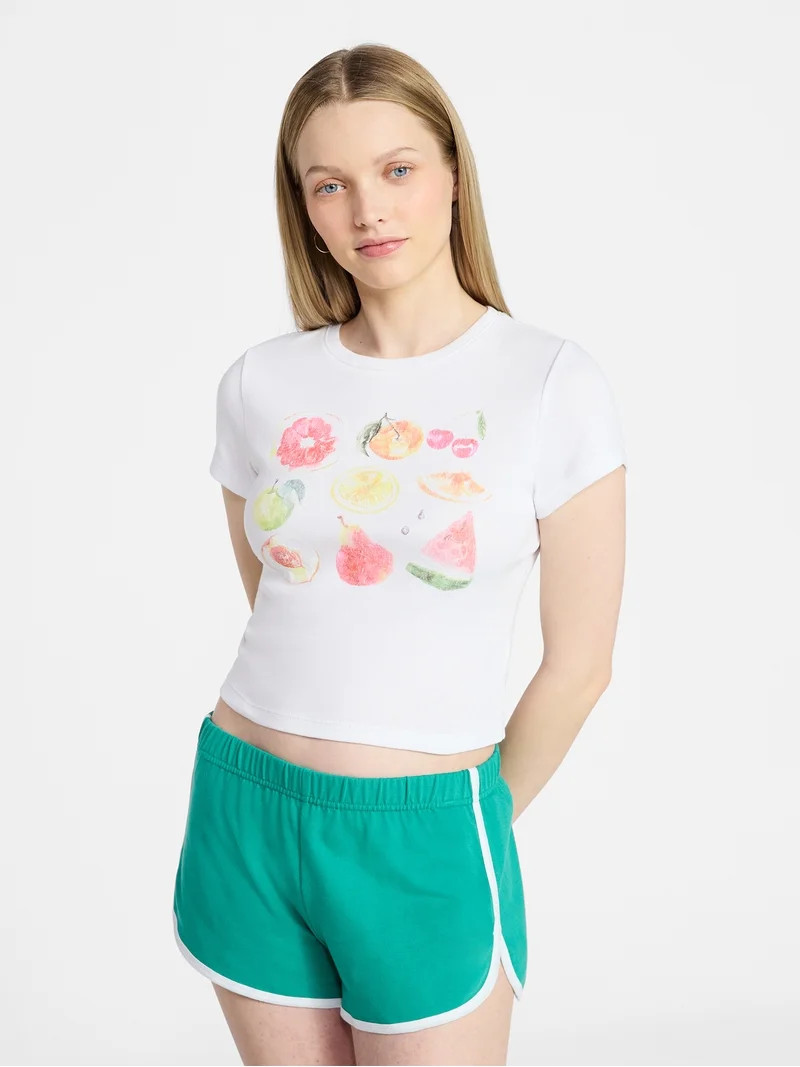 No Boundaries Ribbed Cotton Graphic Baby Tee with Short Sleeves, Women's XXS-XXL | Walmart (US)