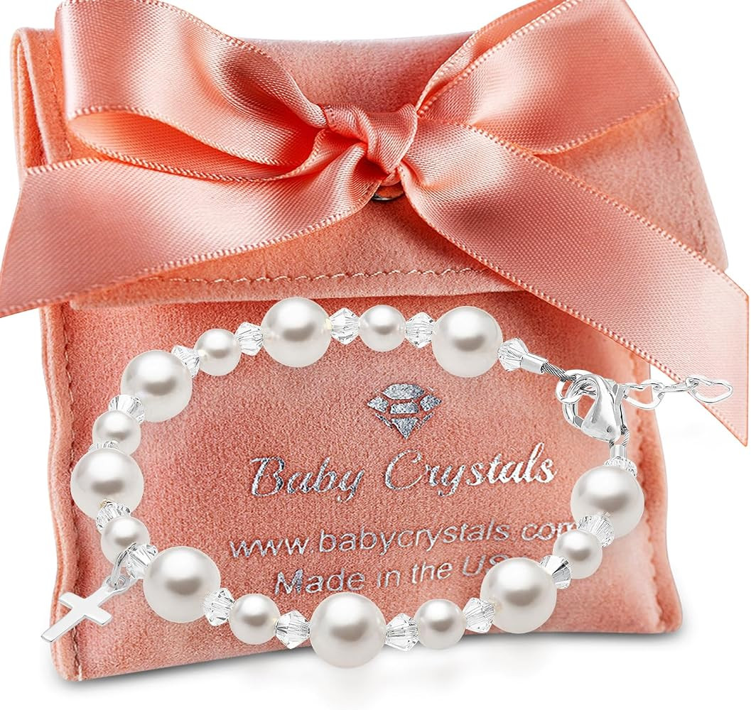 Baby Crystals Pearl Bracelets for Girls, Sterling Silver Cross Charm, Baptism Gifts for Girl, Baby Bracelet with Simulated White Pearls and Crystals, Girls Jewelry Birthday Gift | Amazon (US)