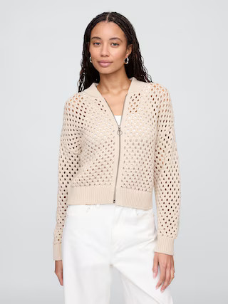 Relaxed Crochet Bomber Cardigan | Gap Factory
