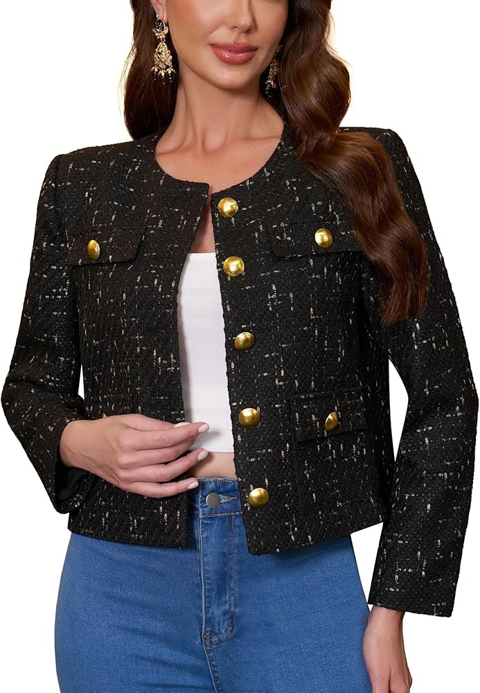2026 Women Tweed Jacket Cropped Blazers Spring Summer Elegant Round Neck Pockets Business Casual ... | Amazon (US)