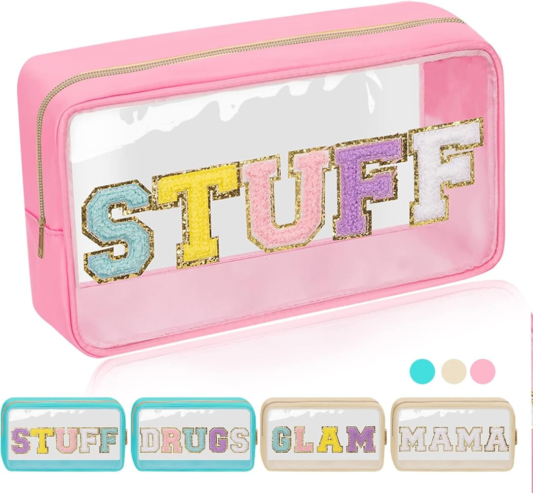 Clear Patch Makeup Bag Stuff Pouch, Preppy Personalized Chenille Letter Cosmetic Pouch for Travel... | Amazon (US)