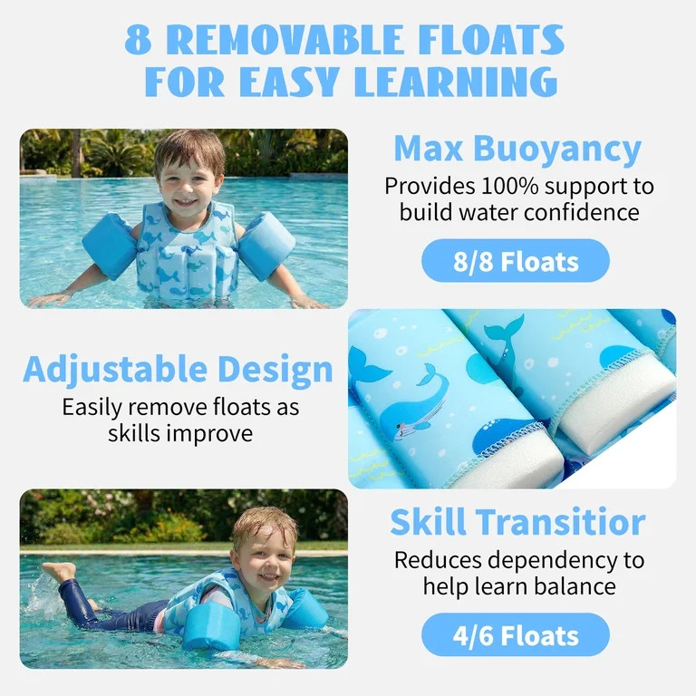 Koorium Kids Swim Vest Float Jacket for 2-6 Years Boys Girls,Double Safety Buckles Arm Floaties,A... | Walmart (US)