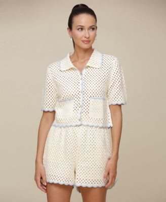 Avec Les Filles Women's Scallop Crochet Short Sleeve Cardigan - Macy's | Macy's