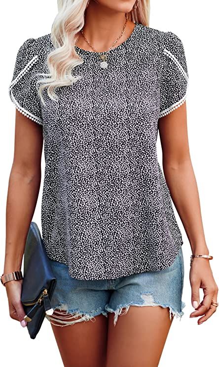 PRETTYGARDEN Women’s Shirts Summer Casual Crewneck Lace Crochet Short Sleeve Blouses Cute Flora... | Amazon (US)