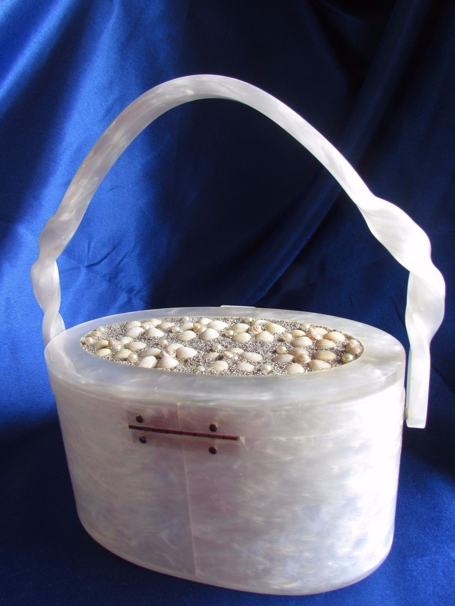 VINTAGE WILARDY PEARLIZED WHITE LUCITE PURSE EMBELLISHED PEARL & SEASHELL DESIGN | eBay US