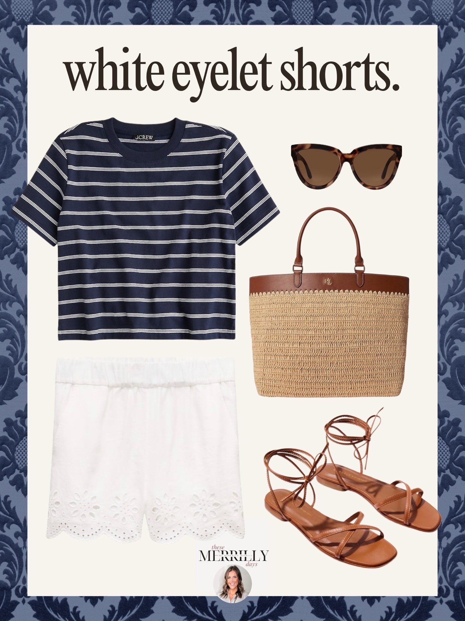 White eyelet shorts are one of those summer pieces that instantly make an outfit feel chic and elevated. I love them paired with a classic striped tee, woven tote, and lace up sandals for an effortless coastal look that works for vacations, summer dinners, or everyday errands.

white eyelet shorts, coastal summer outfit, nautical style fashion, summer outfit ideas, beach vacation outfits, striped tee outfit, woven tote bag, resort wear style, casual chic outfits, preppy summer fashion, old money aesthetic, summer capsule wardrobe, lace up sandals, effortless summer style, Thesemerrillydays

#LTKootd #LTKSeasonal #LTKTravel