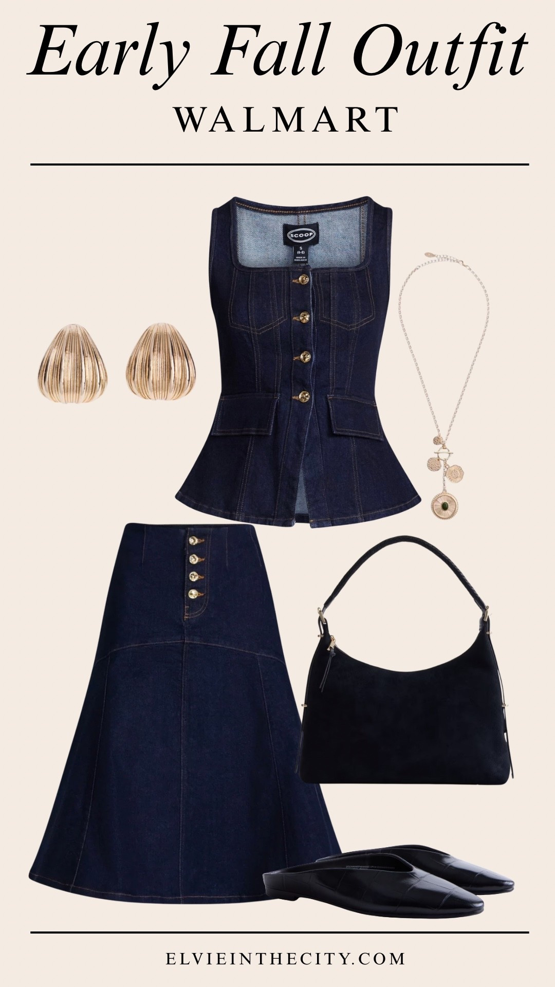 This early fall outfit from Walmart includes a denim corset top, flare midi skirt, black slip on mules, black top zipper shoulder bag, gold-toned earrings, and a gold-toned necklace


Walmart finds, fall outfits, over 50 style, midlife fashion, petite fashion,midlife women, affordable fashion, fashion over40

#LTKOver40 #LTKPetite #LTKmomlife