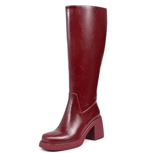HEIFIN Knee High Boots Platform Boots for Women Red Leather Tall Boots Square Toe Chunky Block Heel Long Boots | Amazon (US)