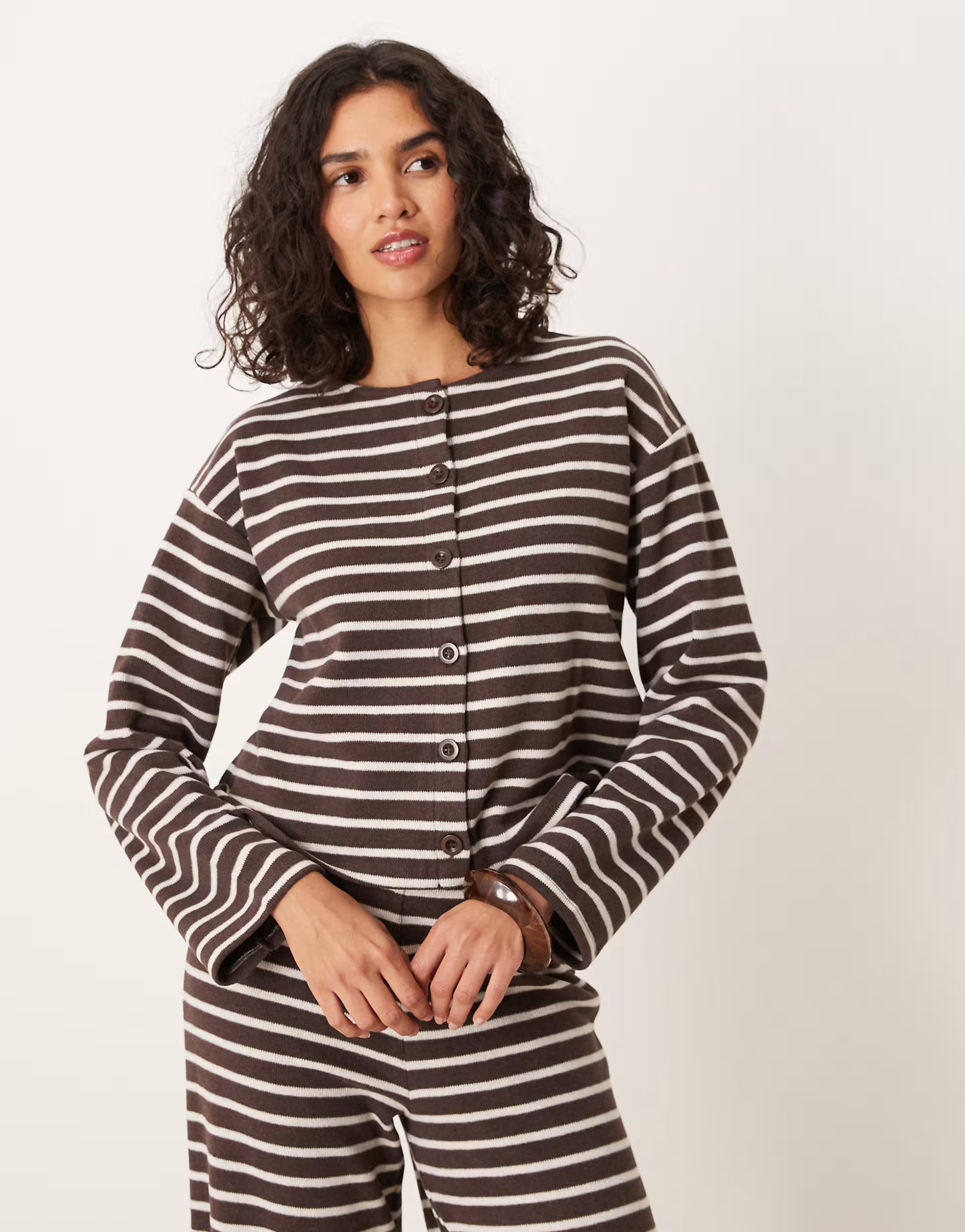 ASOS DESIGN brushed stripe button through long sleeve co ord top in chocolate | ASOS | ASOS (Global)