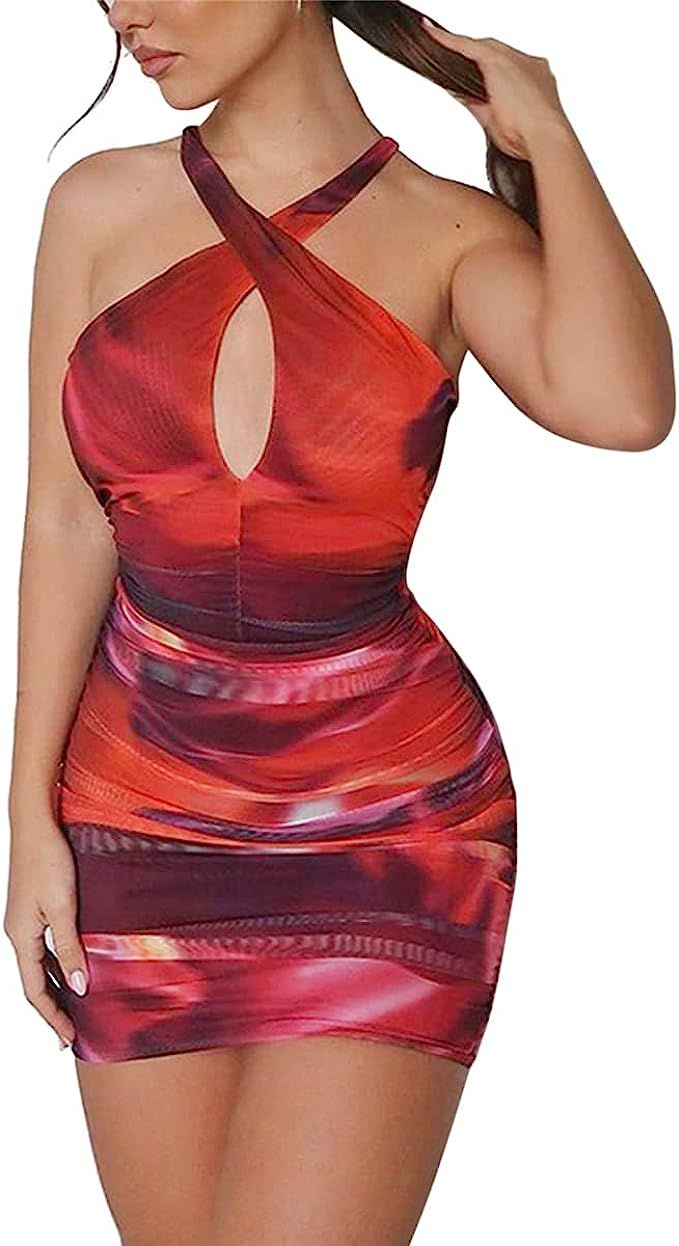 L&ieserram Womens Sexy Crisscross Halter Neck Dress Tie-dye Sleeveless Cut Out Bodycon Ruched Min... | Amazon (UK)