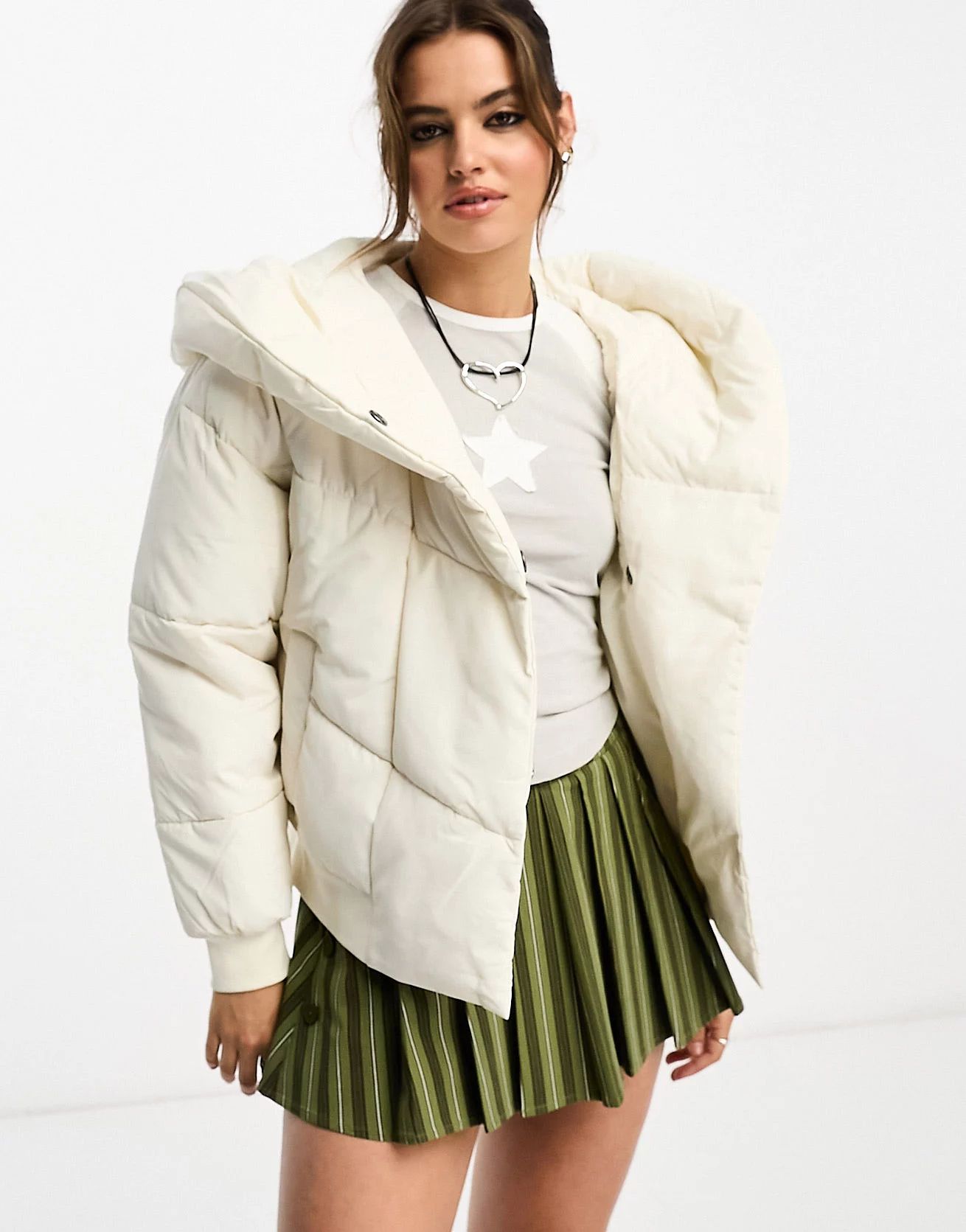 Noisy May padded jacket with oversized hood in cream | ASOS (Global)