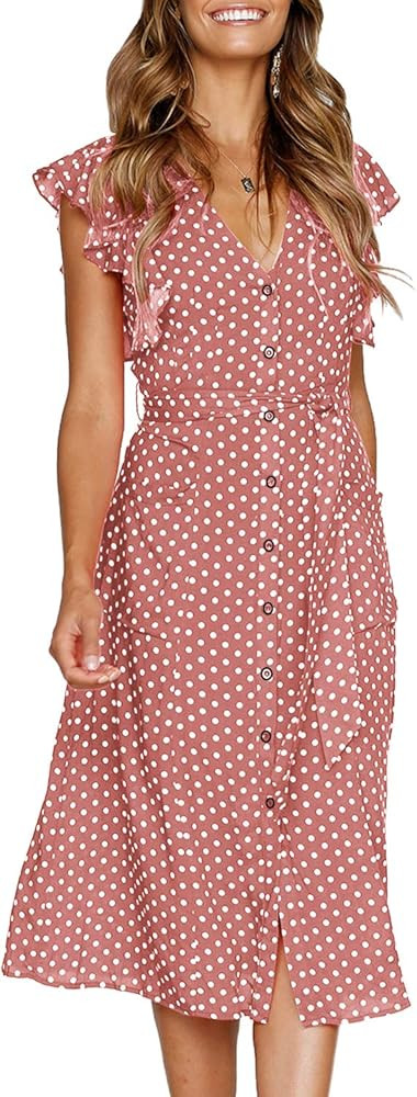 MITILLY Women's Boho Polka Dot Flutter Short Sleeve V Neck Button Down Swing Midi Dress with Pock... | Amazon (US)