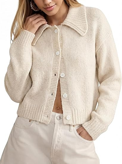 Watashi Women Sweater Cardigan Casual Cropped Collared Knit Cardigans Button Up Long Sleeve Fall ... | Amazon (US)