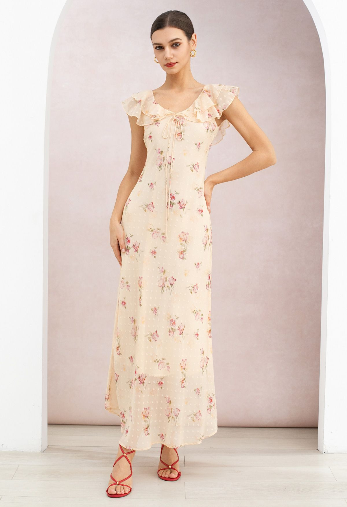 Pinky Rose Ruffle Dotted Chiffon Maxi Dress for Afternoon Tea & Sweet Getaways | Chicwish