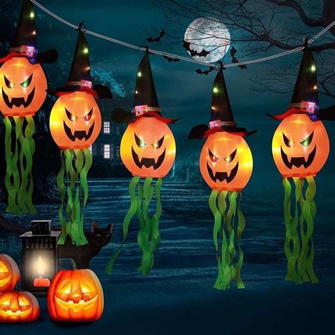 Halloween Decorations, 11.5ft Battery Operated 5 LED Halloween Pumpkin String Lights, Scary Hangi... | Amazon (US)