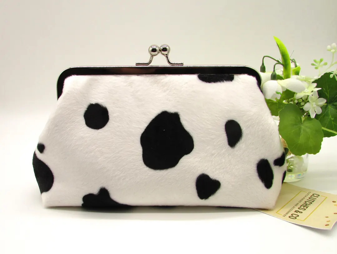 Handmade Cow Print Faux Fur Kiss Lock Clutch - Etsy | Etsy (US)
