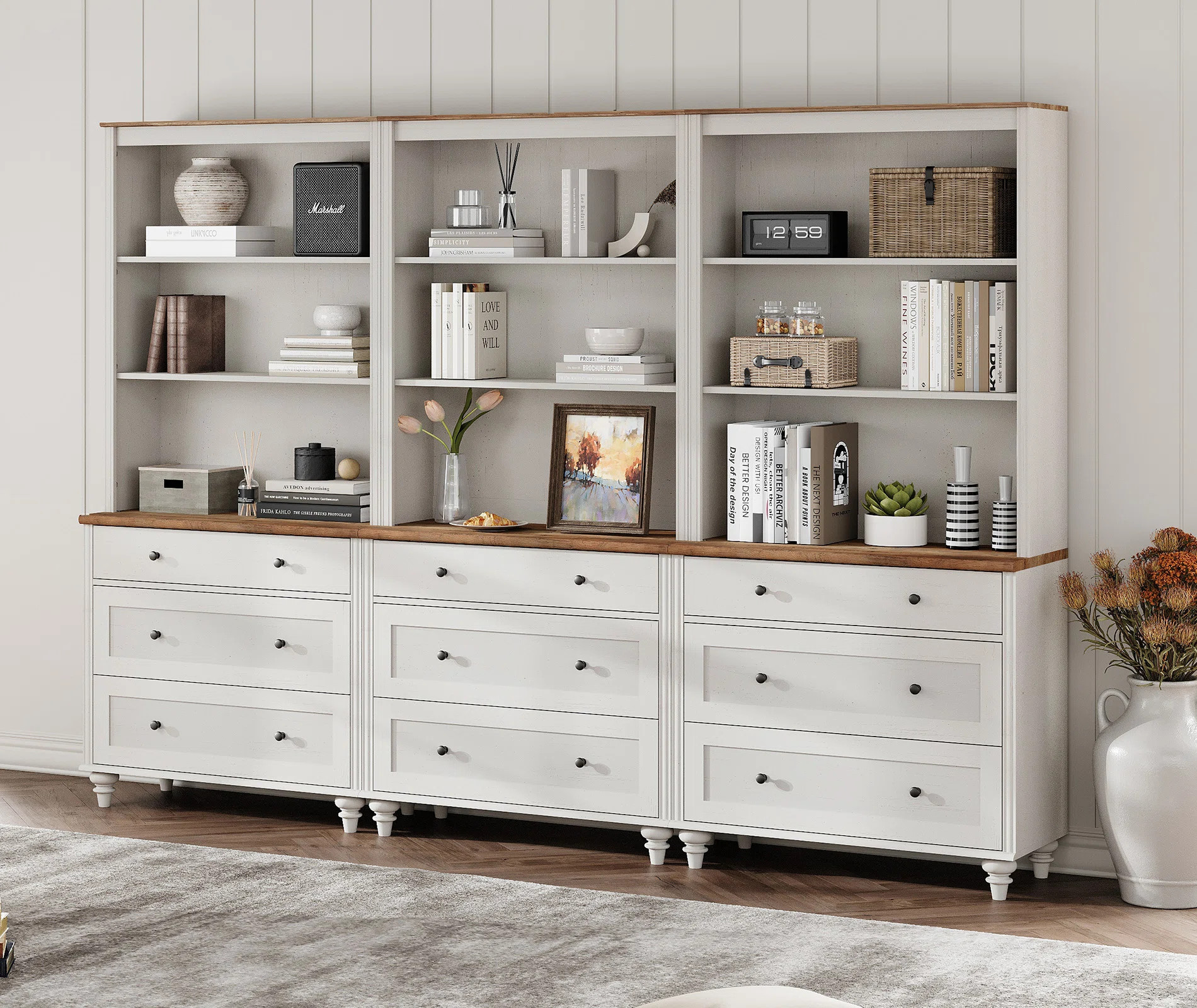 Canora White Bookcase With 3 Drawers Set Of 3, Tall Book Case With 3-Tier Open Book Shelfs, Large... | Wayfair North America