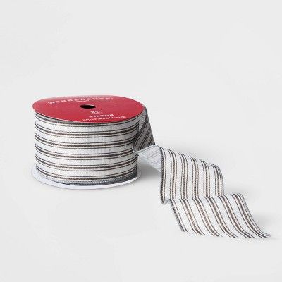 2.5" Faux Linen Stripe Ribbon Gray & White 21ft - Wondershop™ | Target