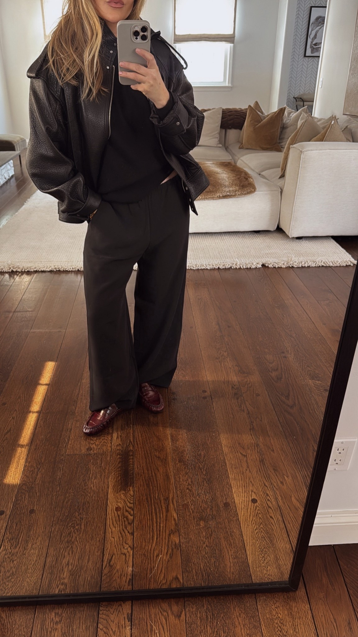 These pants remind me of the row Gala pants for a fraction of the $$! 
Wearing small/petite 
Sweater Xs 
Jacket small 
Mules tts 
