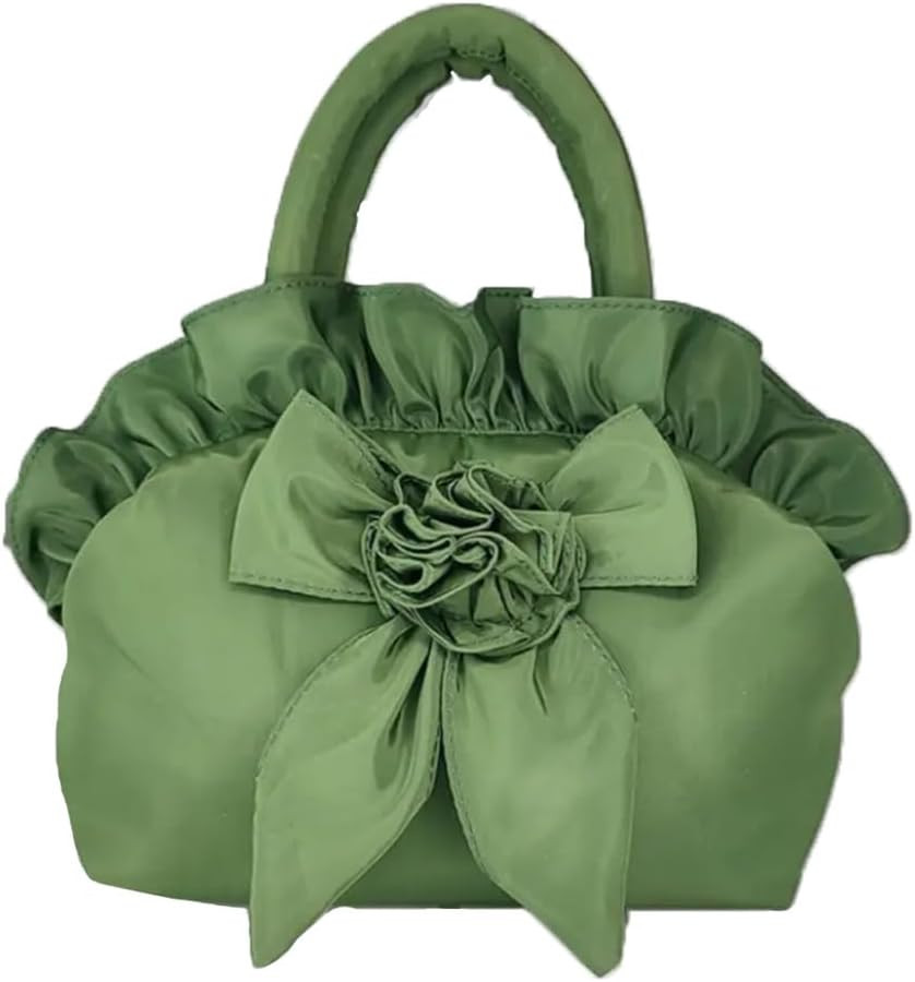 Cute Green Ruffle Bow Nylon Handbag for Women Girls – Simple Lightweight Top Handle Purse, Casu... | Amazon (US)