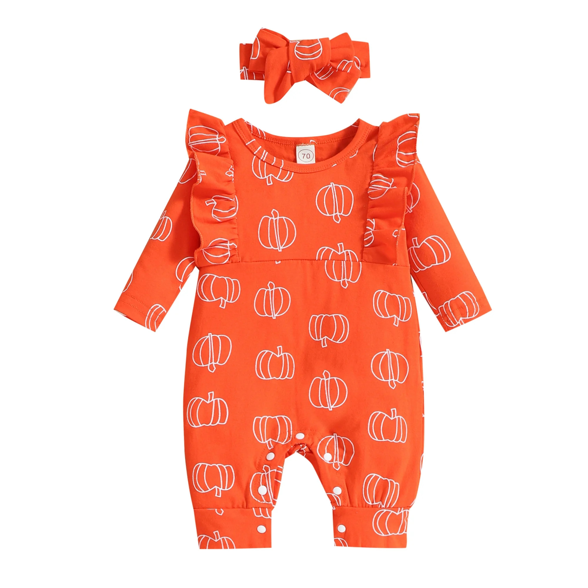 jaweiw 2Pcs Baby Girl Halloween Romper Outfit, Pumpkin Print Ruffle Long Sleeve Jumpsuit + Hairba... | Walmart (US)