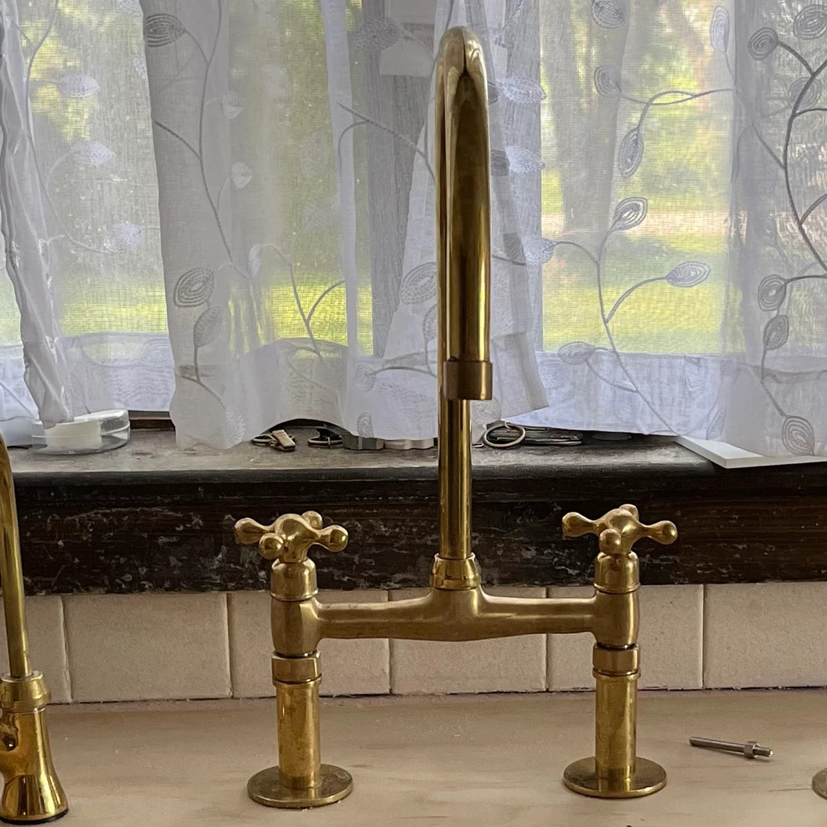 Unlacquered Brass Kitchen Faucet, Solid Brass 8" Bridge Faucet With Cross Handles and Straight Le... | Etsy (US)