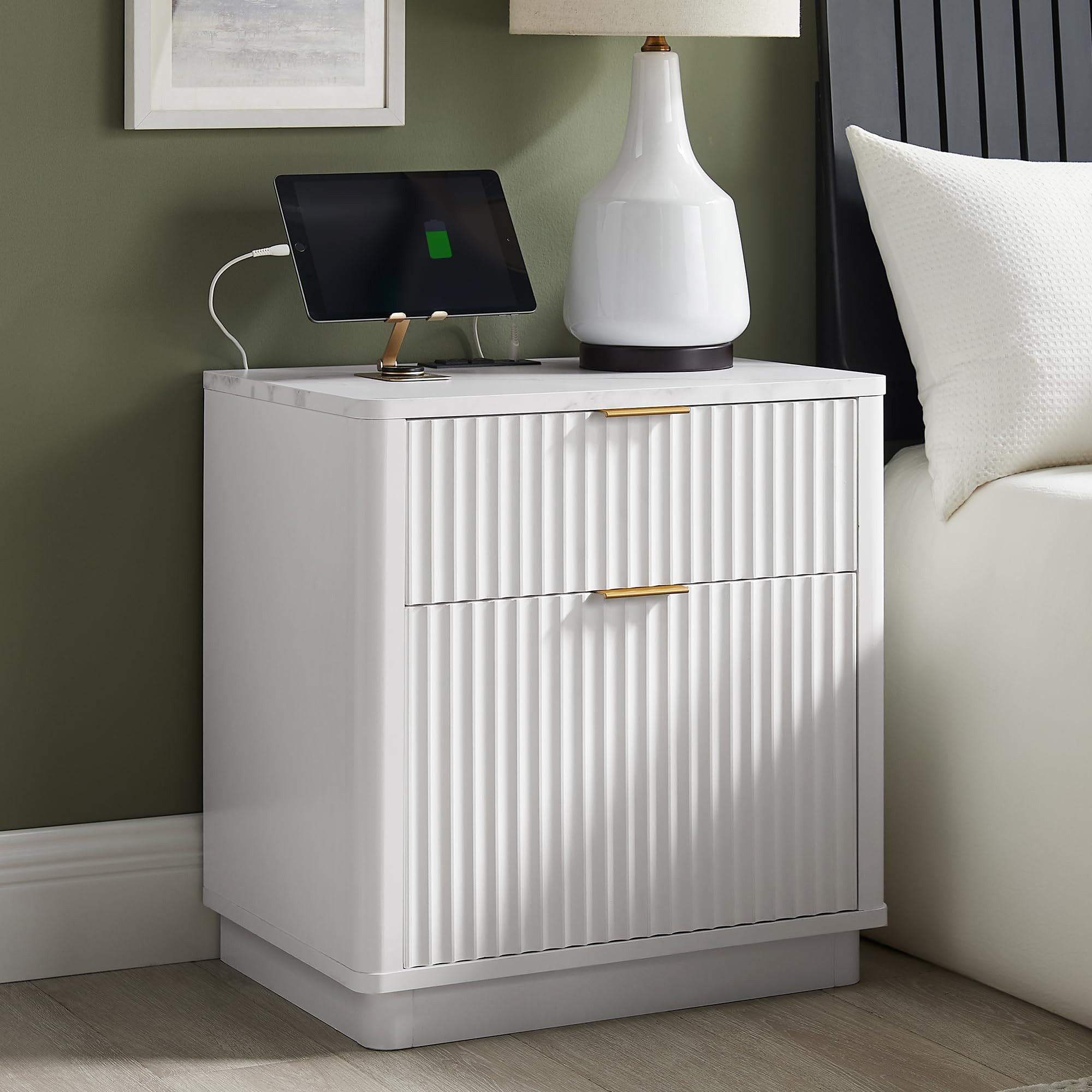 T4TREAM 23'' Fluted Nightstand with Charging Station, Large 2 Drawer Bedside Table, Modern End Ta... | Amazon (US)