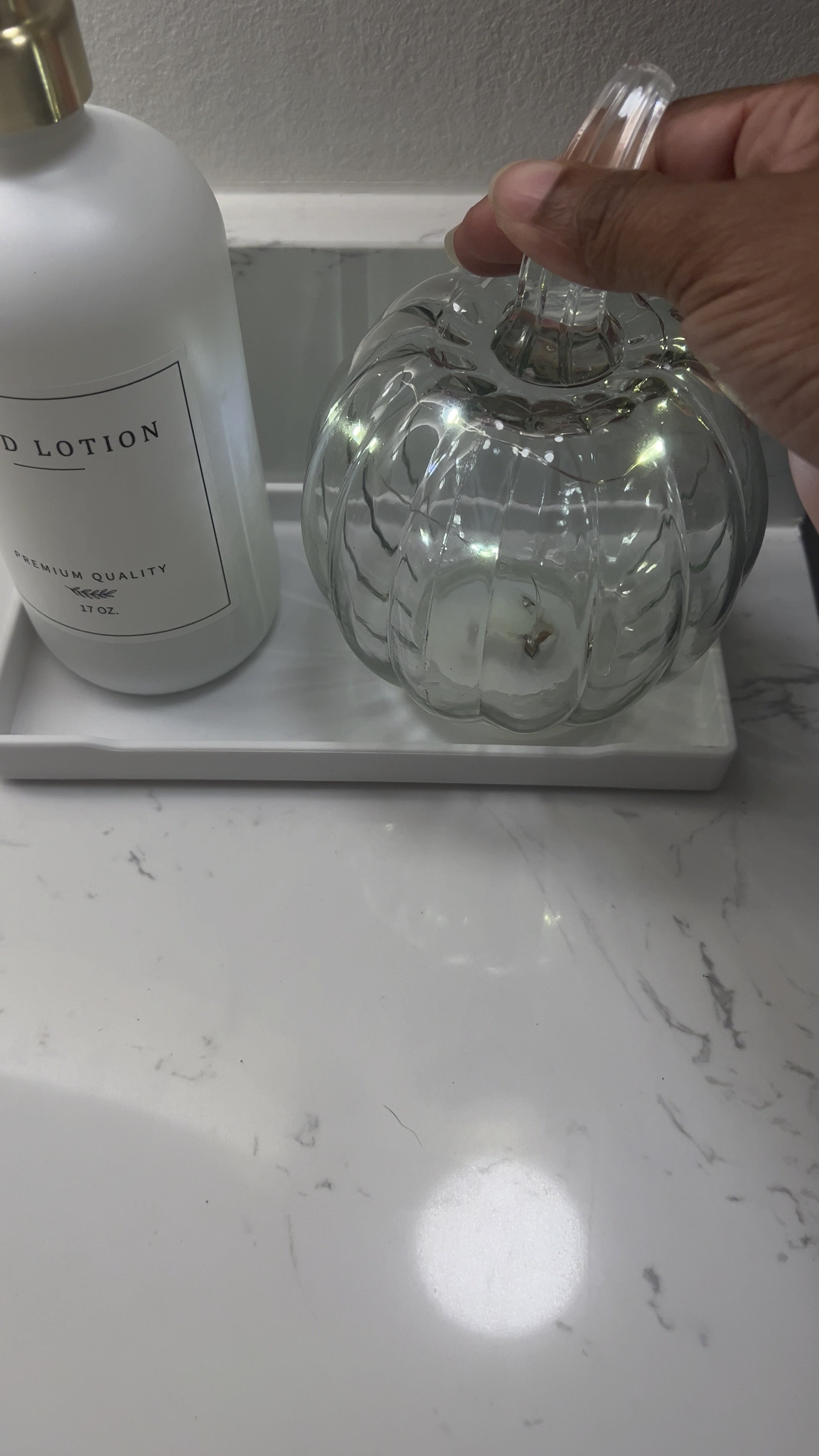 I found this cute Fall pumpkin lit glass decor and styled in in my bathroom! Also can be styled anywhere in your home or office and a great gift idea! Fall decor | autumn decorations | decorating for fall | led light 

#LTKhome #LTKfindsunder50 #LTKGiftGuide