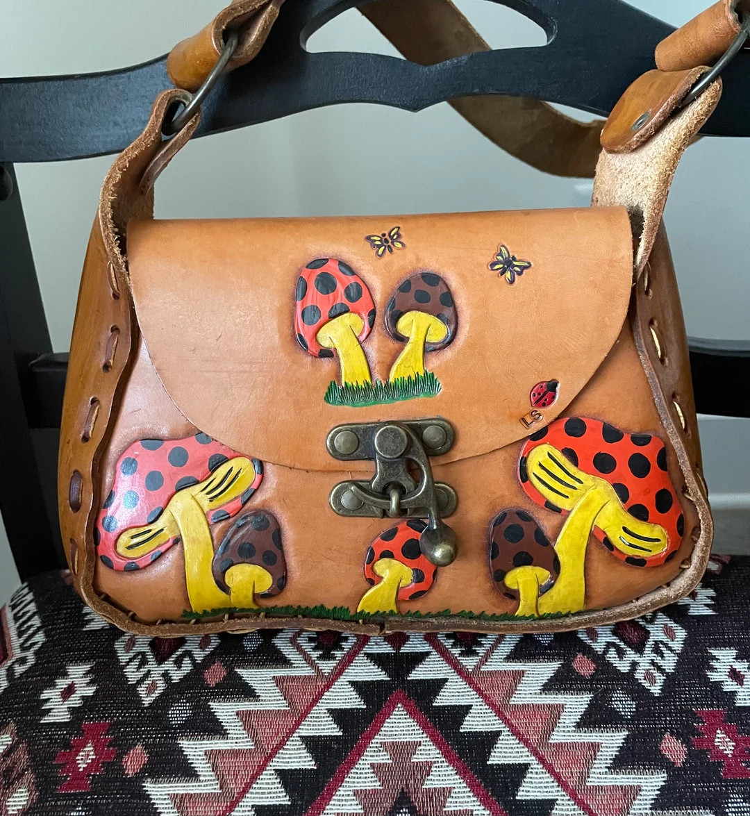 Vintage Boho Hippie Mushroom Butterfly Leather Tooled Painted Leather Bag - Etsy | Etsy (US)